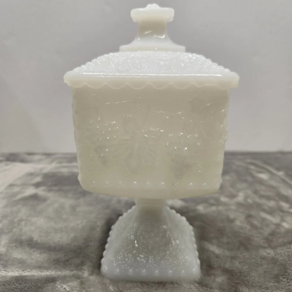 Westmoreland Milk Glass Paneled Grape Square Candy Dish w/Lid Vintage Pedestal